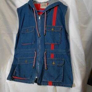 Neutral Zone Women's Blue Denim Hooded Vest with Red Stripe